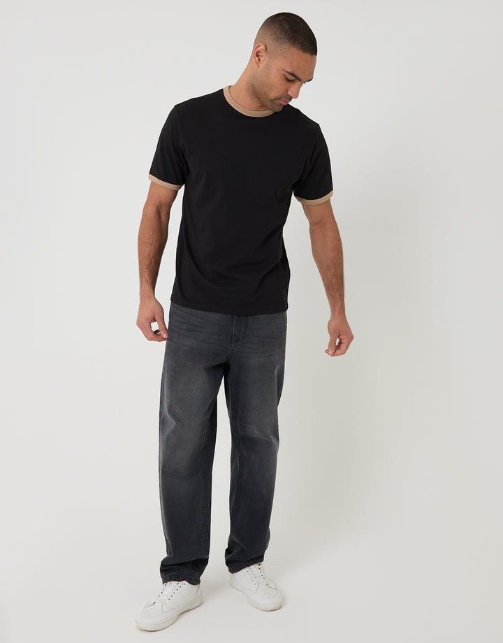 Threadbare Cotton Ringer T-Shirt in Black - full body