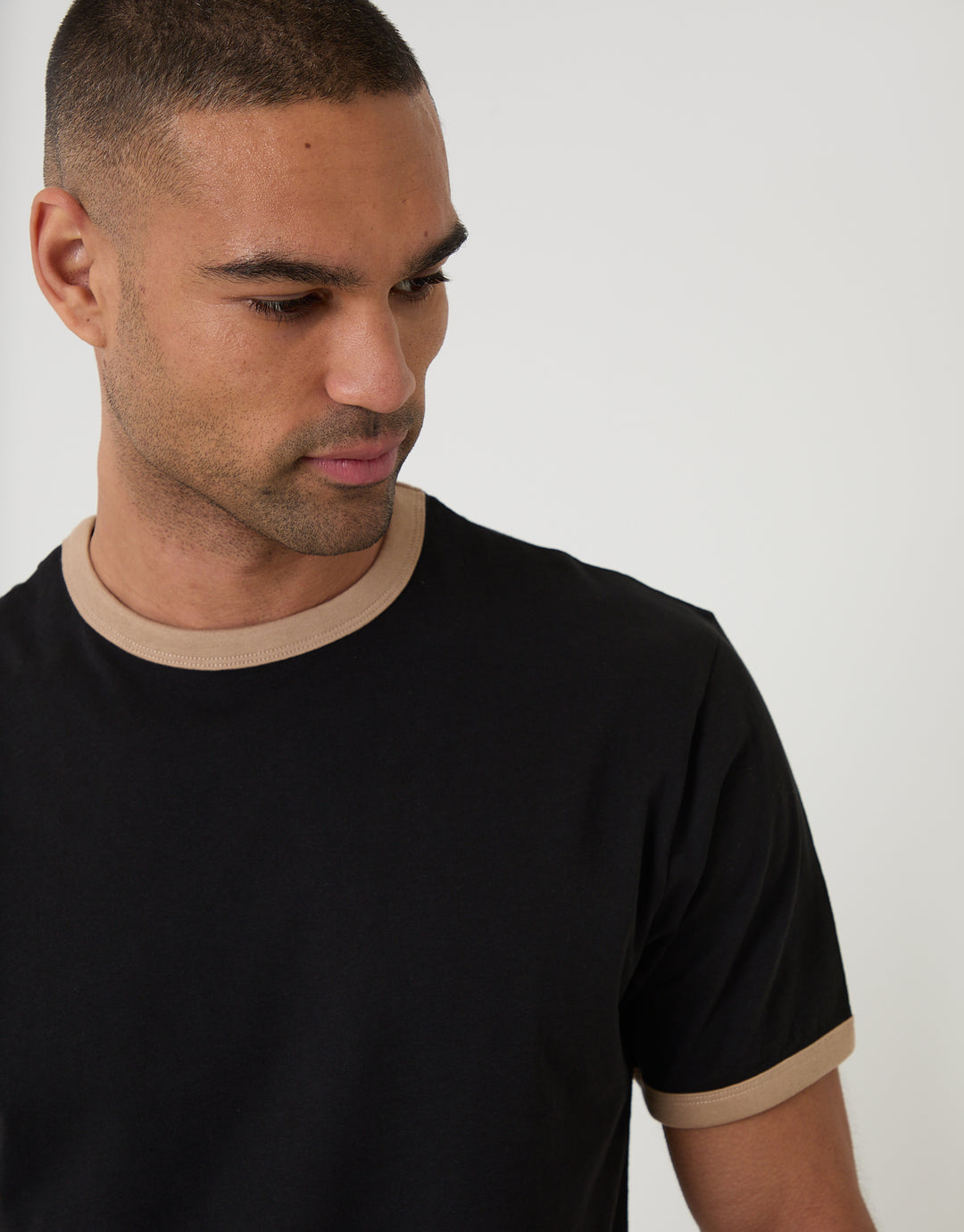 Threadbare Cotton Ringer T-Shirt in Black - front view close up