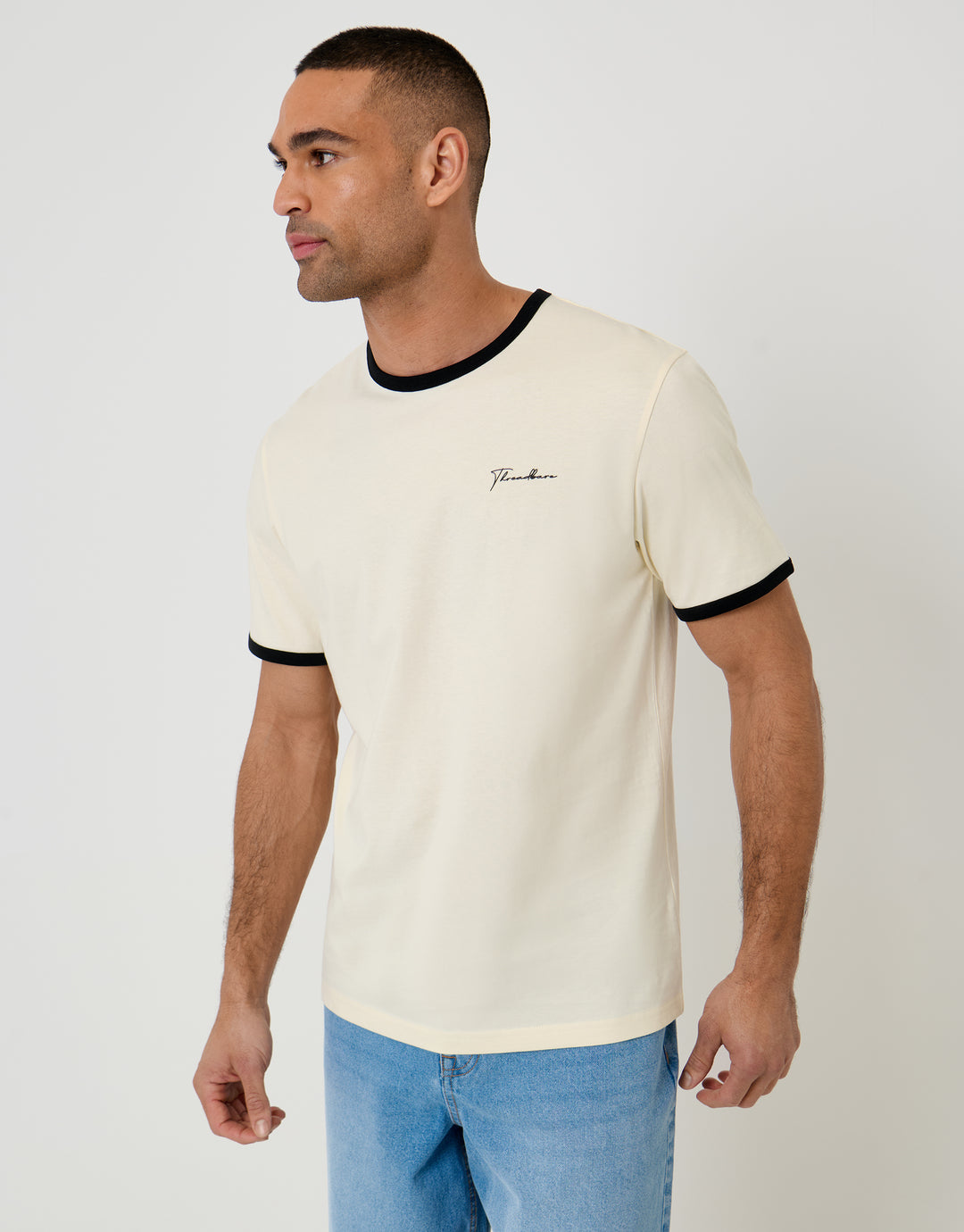 Threadbare Script Cotton Ringer T-Shirt in Off White - front view