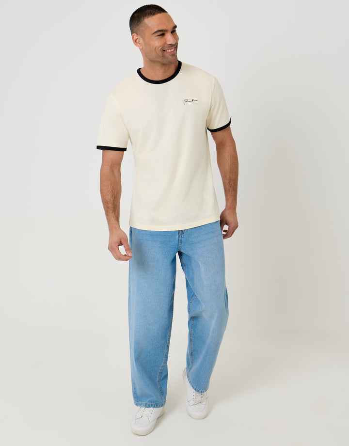 Threadbare Script Cotton Ringer T-Shirt in Off White - full body