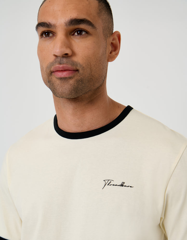 Threadbare Script Cotton Ringer T-Shirt in Off White - close up