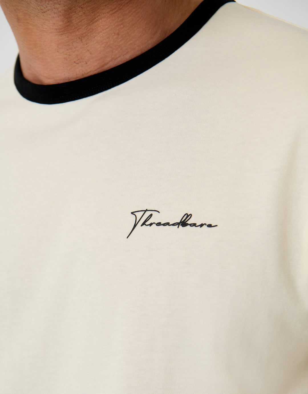 Threadbare Script Cotton Ringer T-Shirt in Off White - close up detail