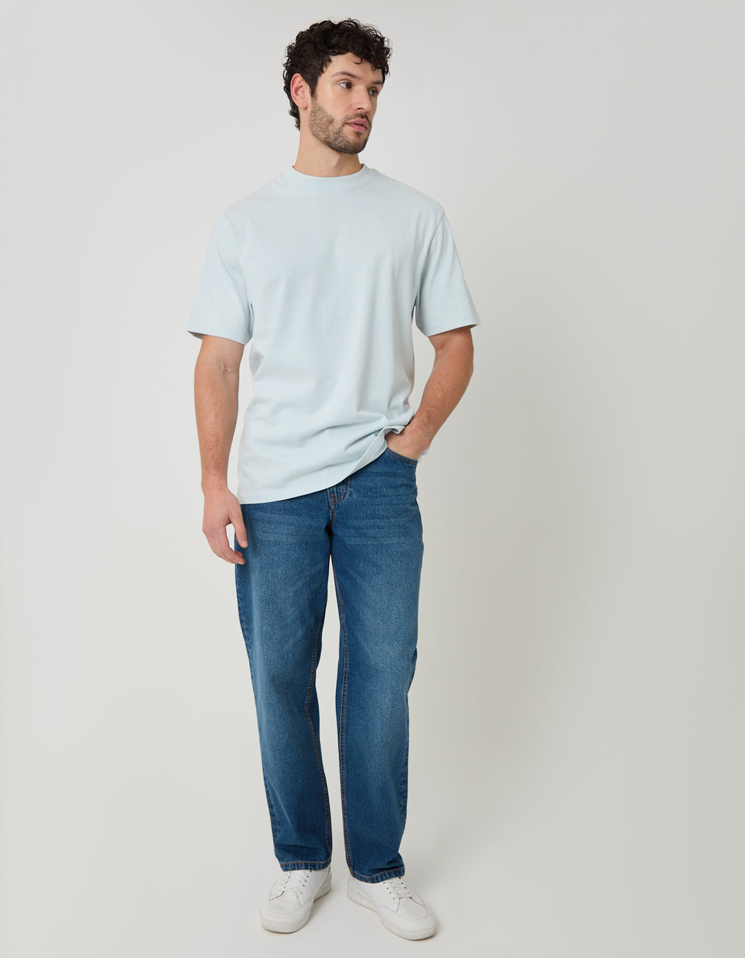 Light Blue Relaxed Fit Peached Cotton T-Shirt