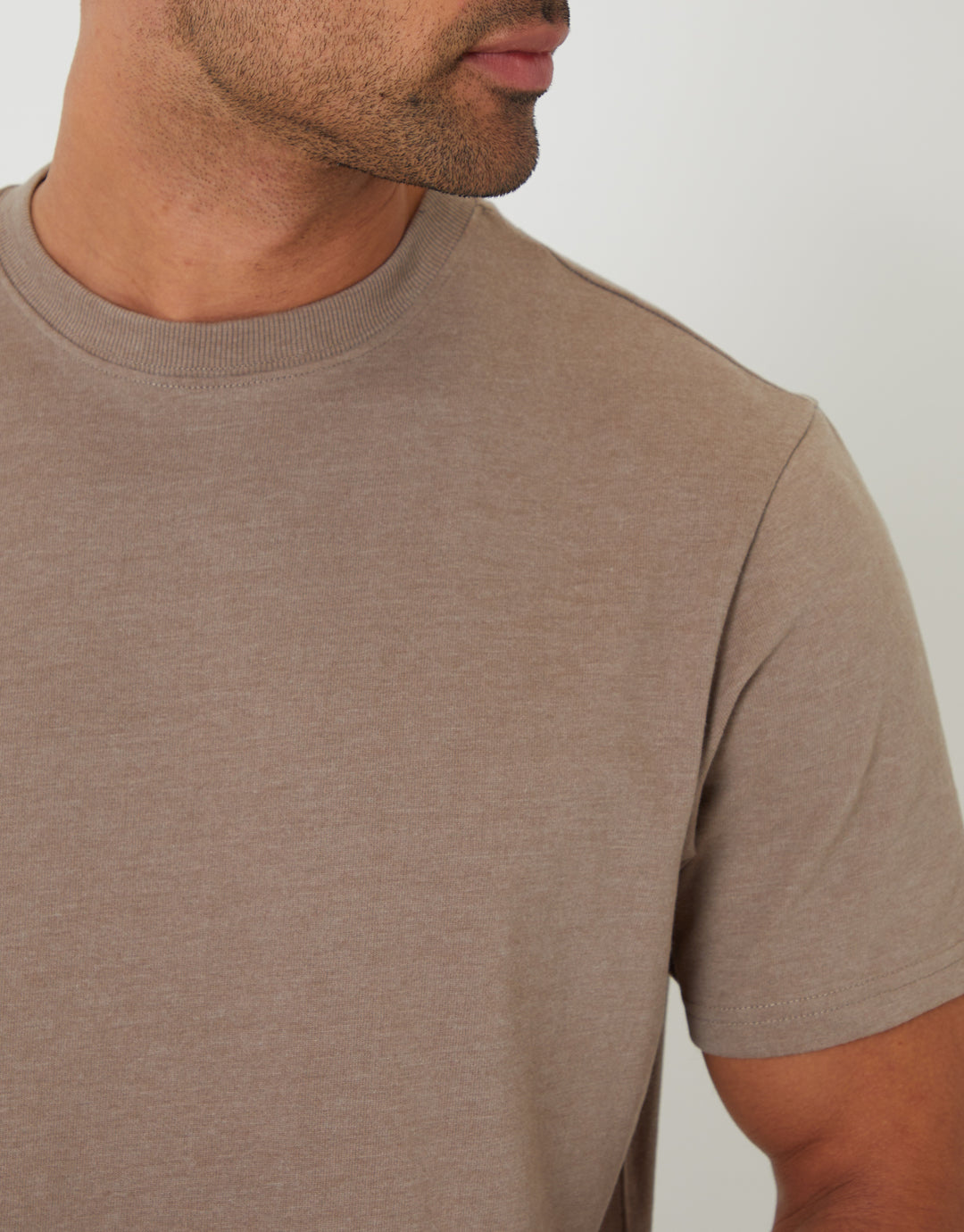 Threadbare Peached Cotton Crew Neck T-Shirt in Stone Marl - collar close up