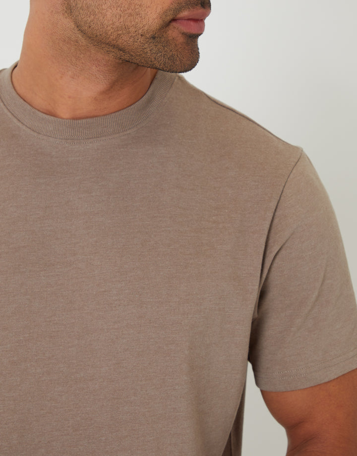 Threadbare Peached Cotton Crew Neck T-Shirt in Stone Marl - collar close up