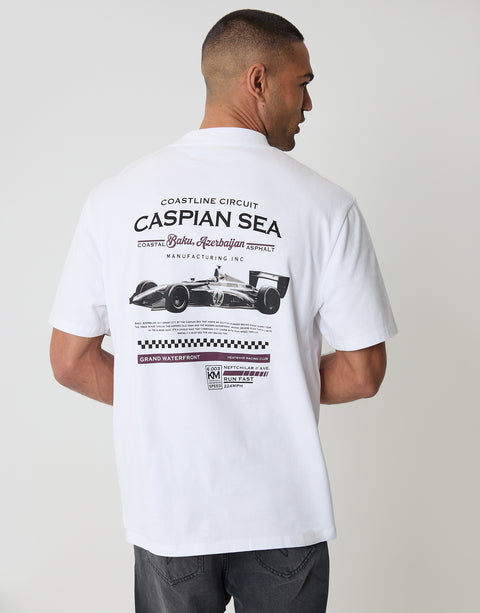 Threadbare Relaxed Fit Caspian Sea Peached Cotton T-Shirt in White - back view