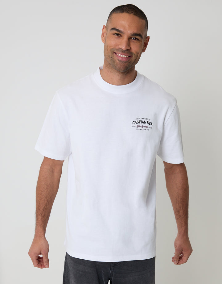 Threadbare Relaxed Fit Caspian Sea Peached Cotton T-Shirt in White - front view