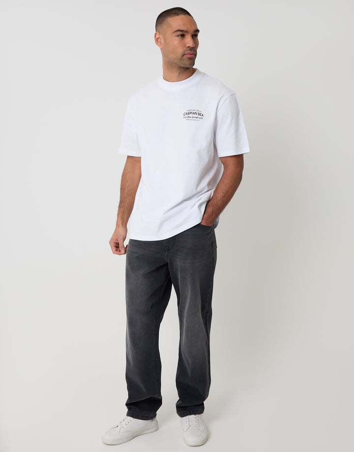 Threadbare Relaxed Fit Caspian Sea Peached Cotton T-Shirt in White - full body