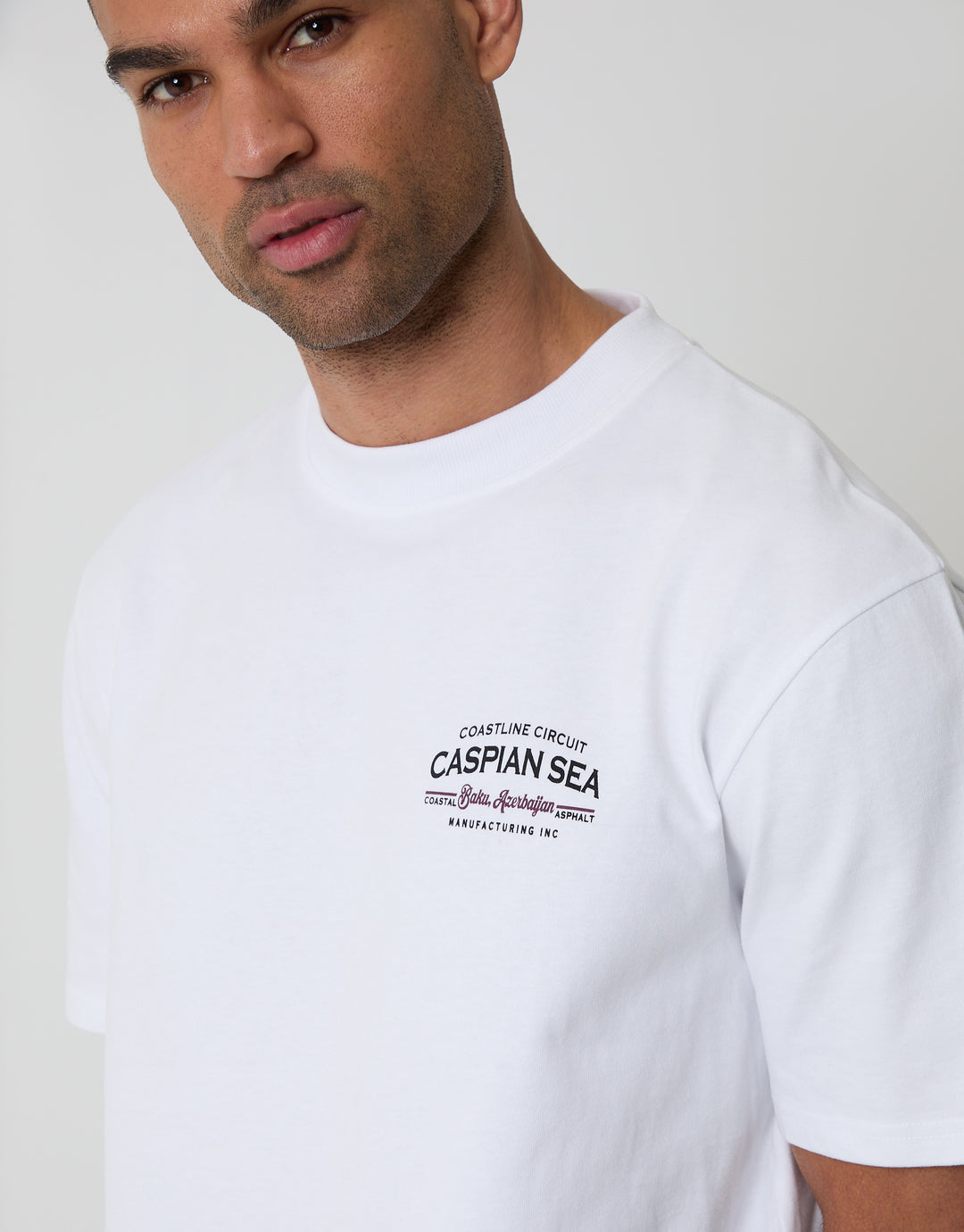 Threadbare Relaxed Fit Caspian Sea Peached Cotton T-Shirt in White - front graphic close up