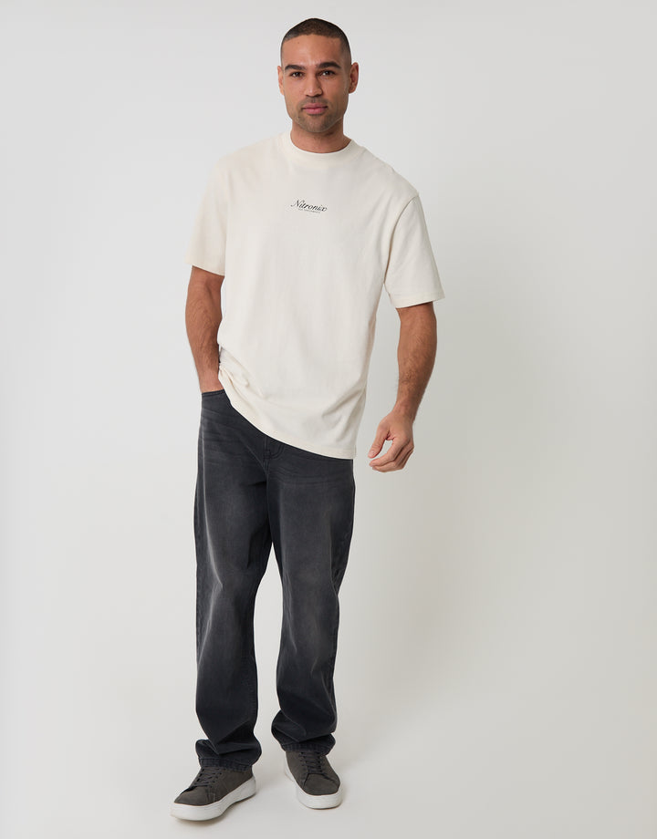 Threadbare Relaxed Fit Nitronix Peached Cotton T-Shirt in Ecru - full body