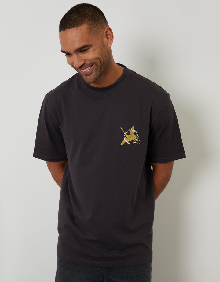 Threadbare Relaxed Fit Good Fortune Cotton T-Shirt in Charcoal Grey - front view