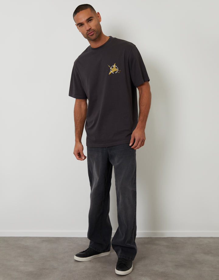 Threadbare Relaxed Fit Good Fortune Cotton T-Shirt in Charcoal Grey - full body