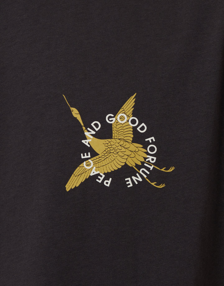 Threadbare Relaxed Fit Good Fortune Cotton T-Shirt in Charcoal Grey - front graphic close up