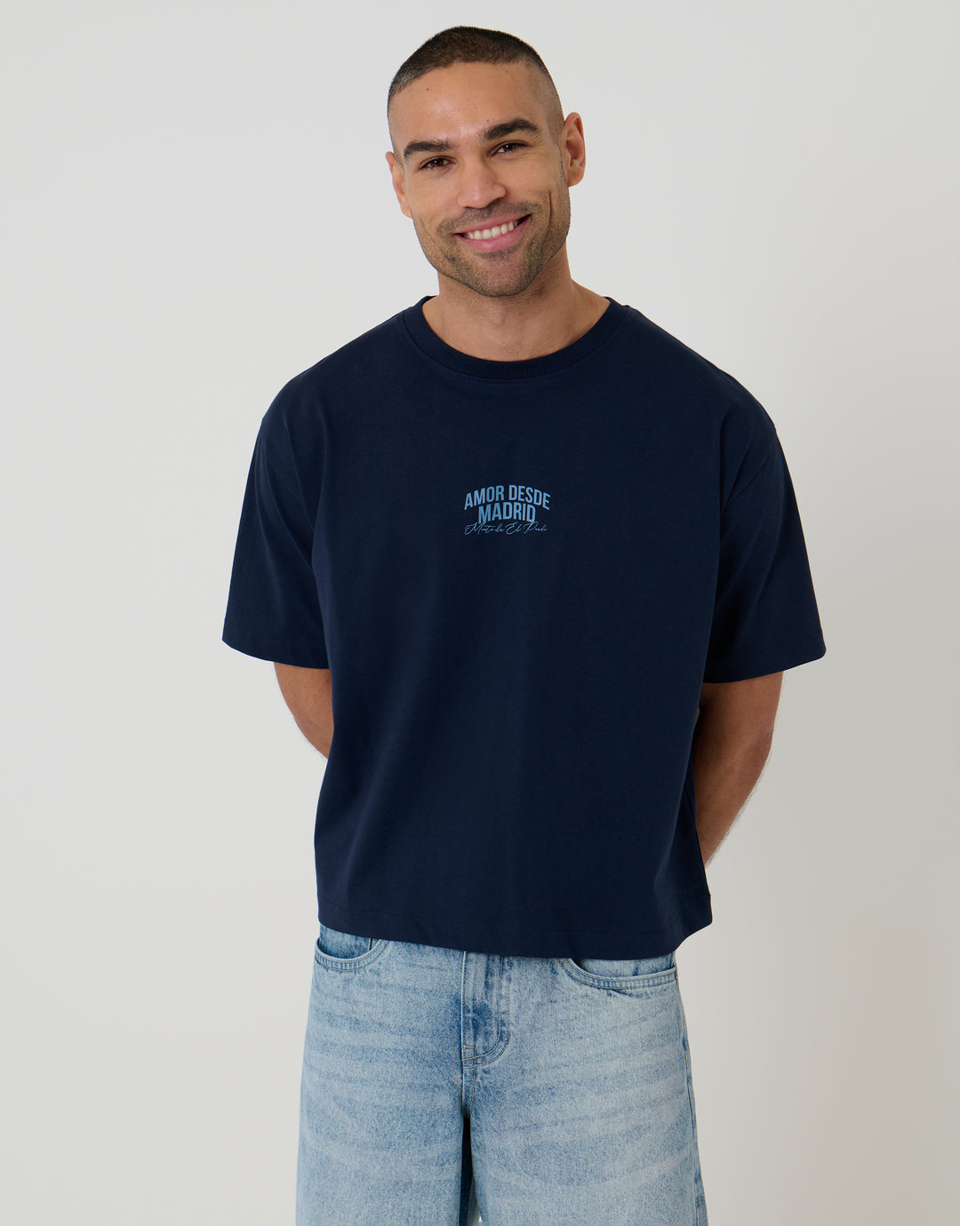 Threadbare Boxy Fit Madrid Print Cotton T-Shirt in Navy - front view