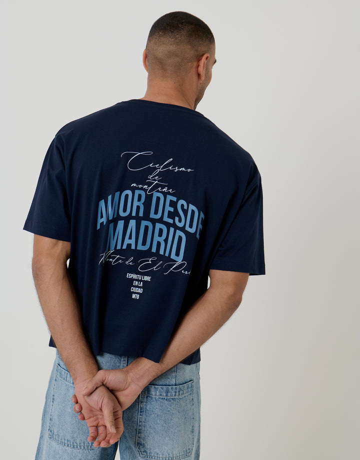 Threadbare Boxy Fit Madrid Print Cotton T-Shirt in Navy - back view