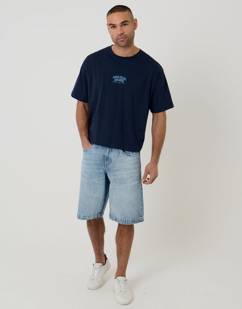 Threadbare Boxy Fit Madrid Print Cotton T-Shirt in Navy - full body