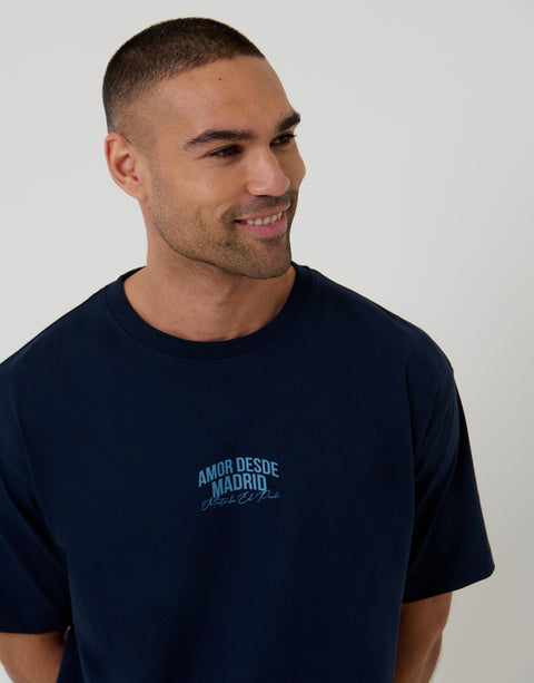 Threadbare Boxy Fit Madrid Print Cotton T-Shirt in Navy - close up