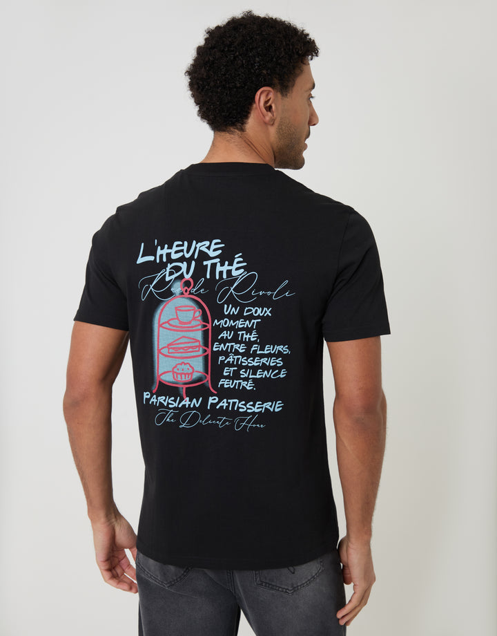 Threadbare Relaxed Fit Patisserie Graphic Print T-Shirt in Black - back view