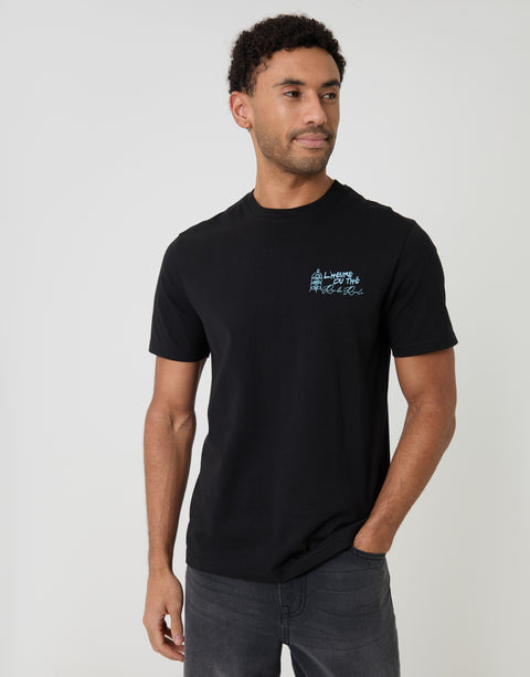Threadbare Relaxed Fit Patisserie Graphic Print T-Shirt in Black - front view