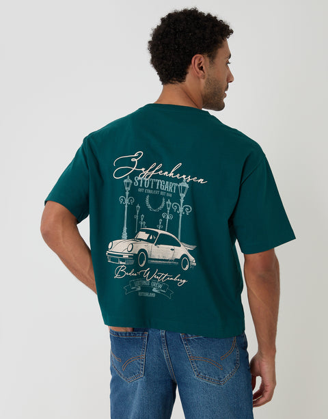 Threadbare Boxy Fit Stuttgart Print Cotton T-Shirt in Teal Green - back view