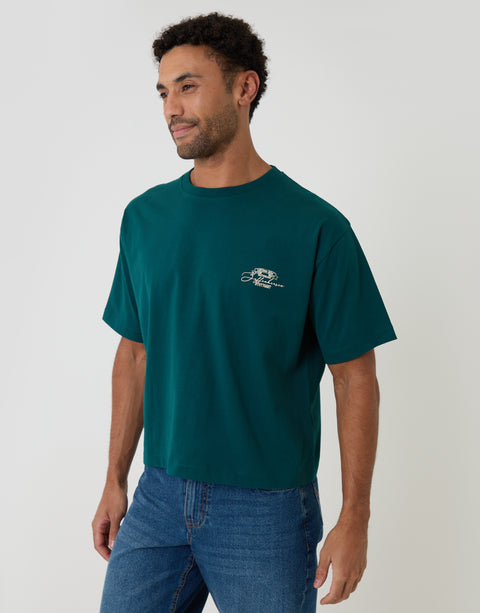 Threadbare Threadbare Boxy Fit Stuttgart Print Cotton T-Shirt in Teal Green - front view