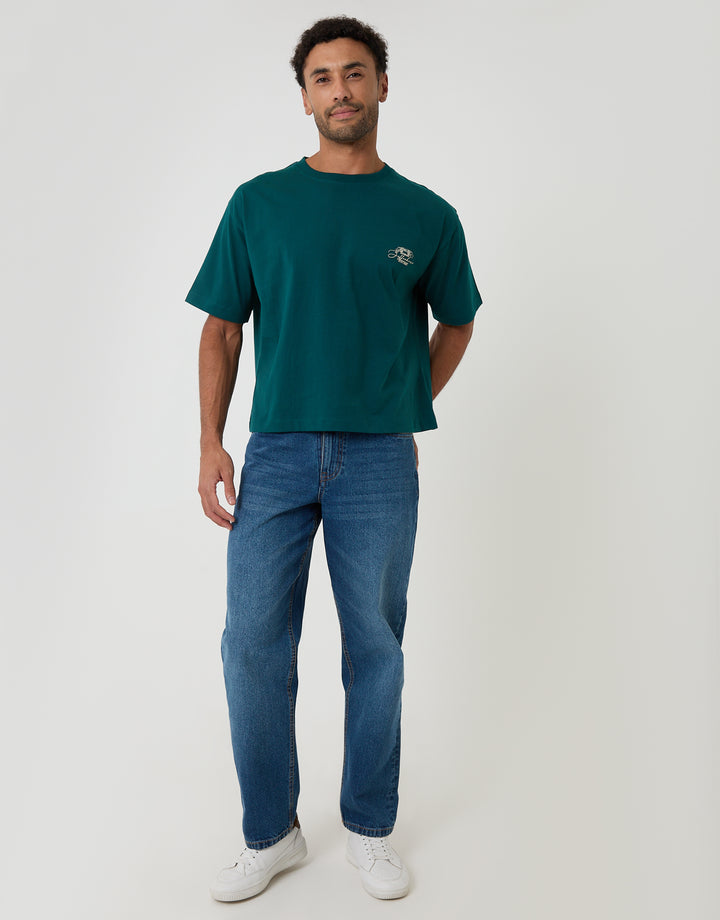 Threadbare Boxy Fit Stuttgart Print Cotton T-Shirt in Teal Green - full body