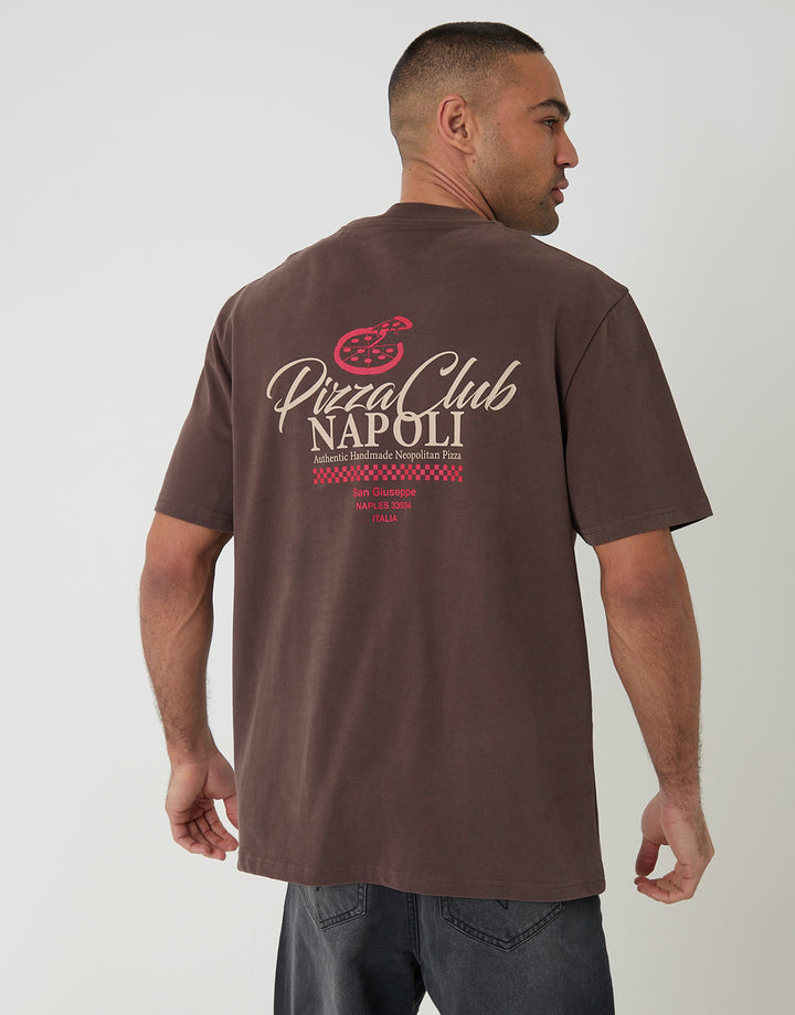 Chocolate Brown Relaxed Fit Pizza Peached Cotton T-Shirt