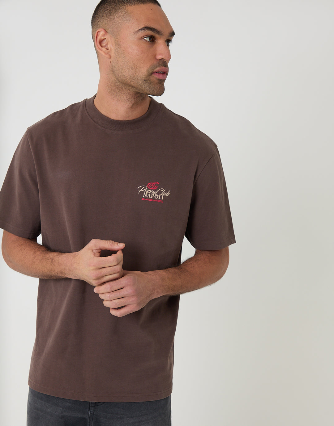 Chocolate Brown Relaxed Fit Pizza Peached Cotton T-Shirt