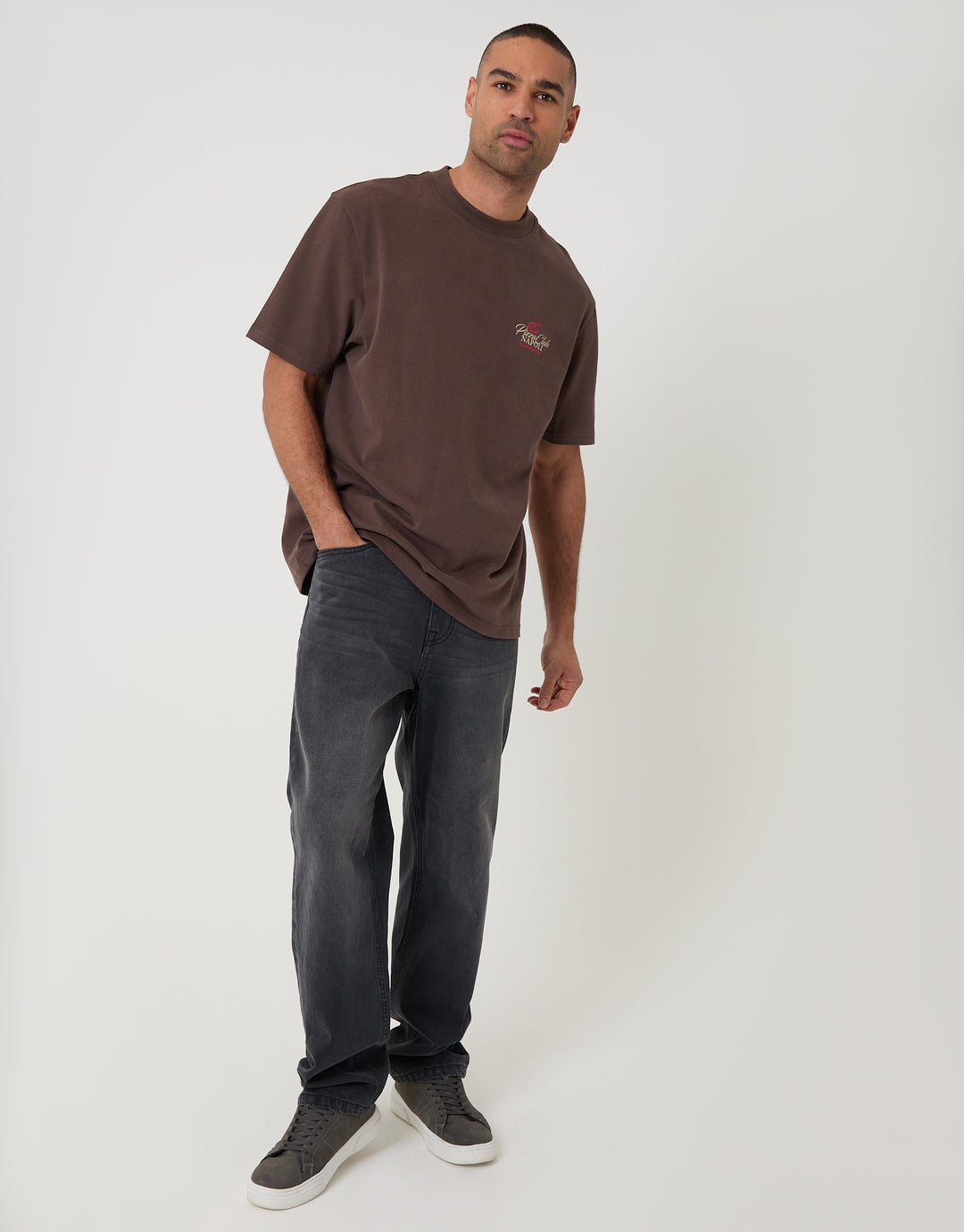 Chocolate Brown Relaxed Fit Pizza Peached Cotton T-Shirt