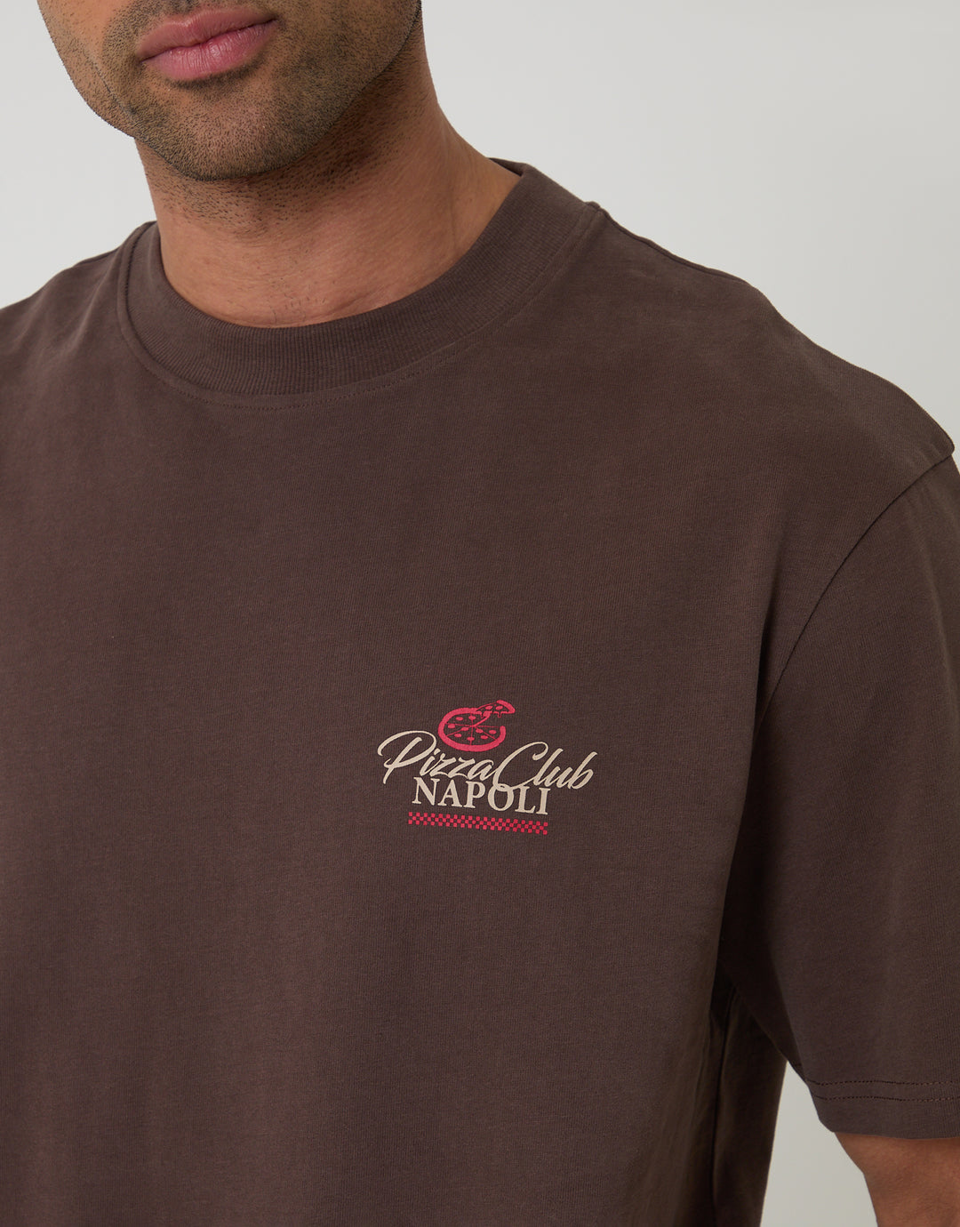 Chocolate Brown Relaxed Fit Pizza Peached Cotton T-Shirt
