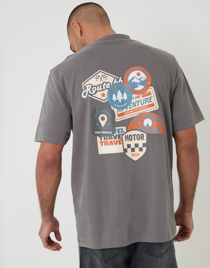 Slate Grey Relaxed Fit Road Trip Peached Cotton T-Shirt