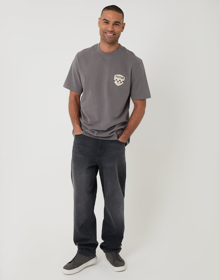 Slate Grey Relaxed Fit Road Trip Peached Cotton T-Shirt