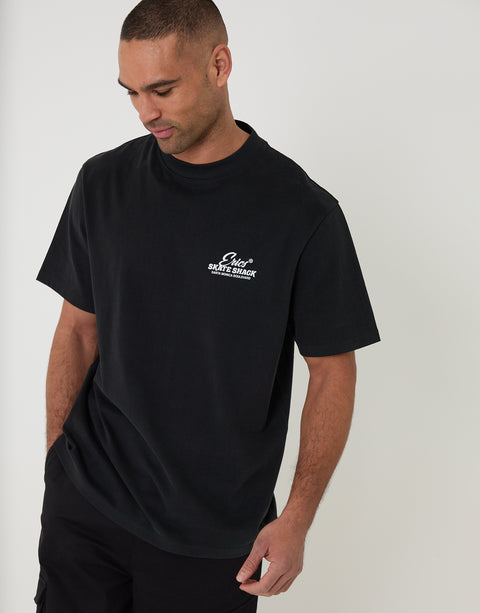 Threadbare Relaxed Fit Skate Shack Peached Cotton T-Shirt in Black - front view 