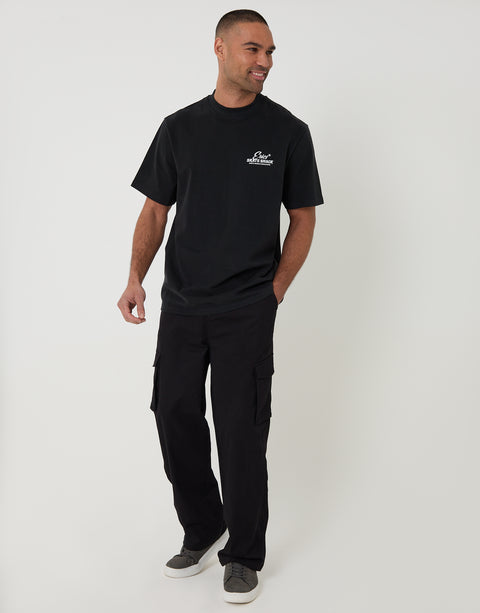 Threadbare Relaxed Fit Skate Shack Peached Cotton T-Shirt in Black - full body