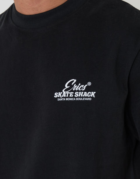 Threadbare Relaxed Fit Skate Shack Peached Cotton T-Shirt in Black - front graphic close up