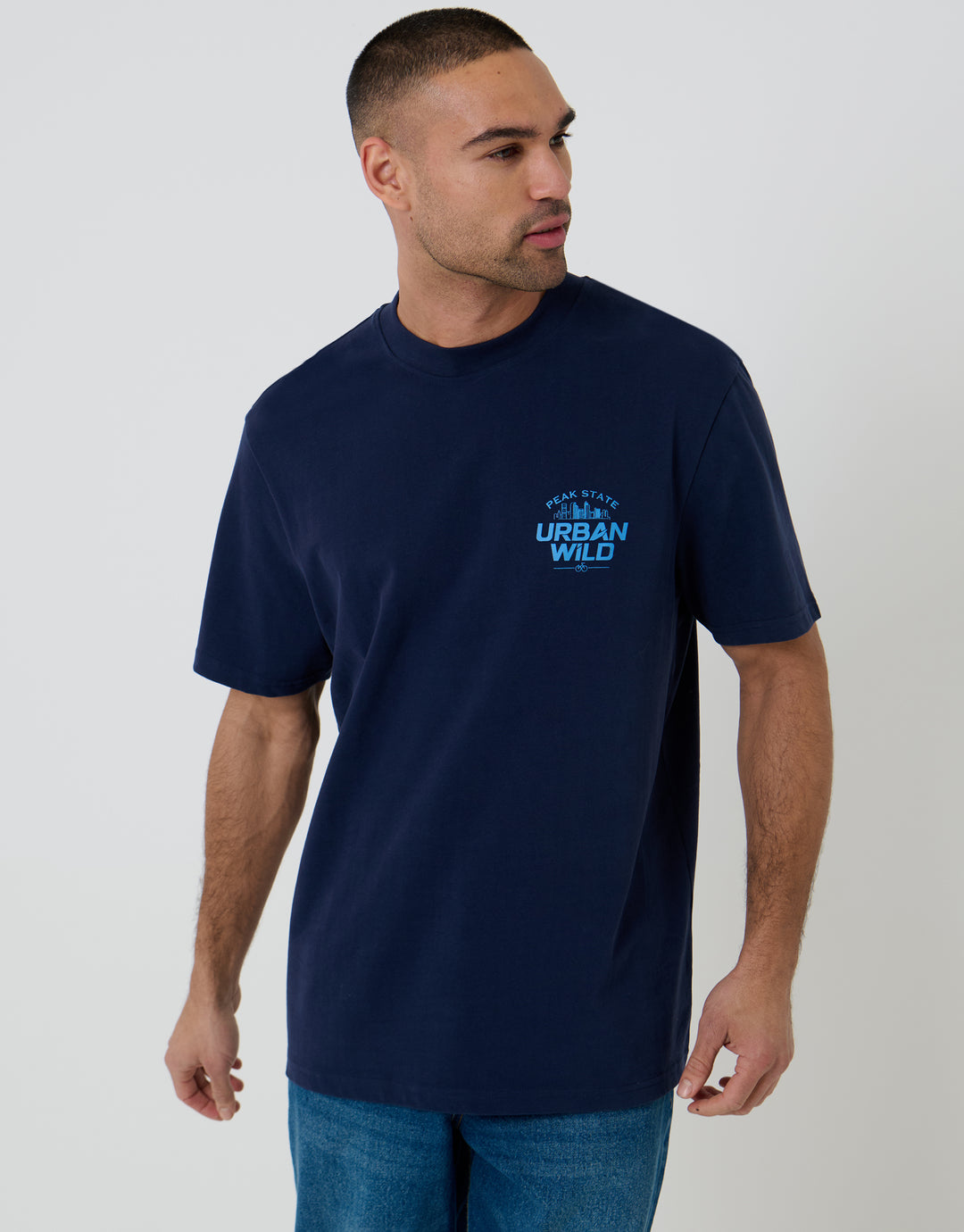 Navy Relaxed Fit Urban Wild Peached Cotton T-Shirt
