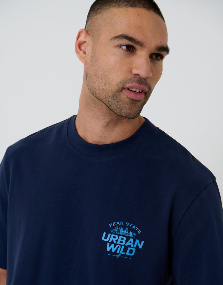 Navy Relaxed Fit Urban Wild Peached Cotton T-Shirt