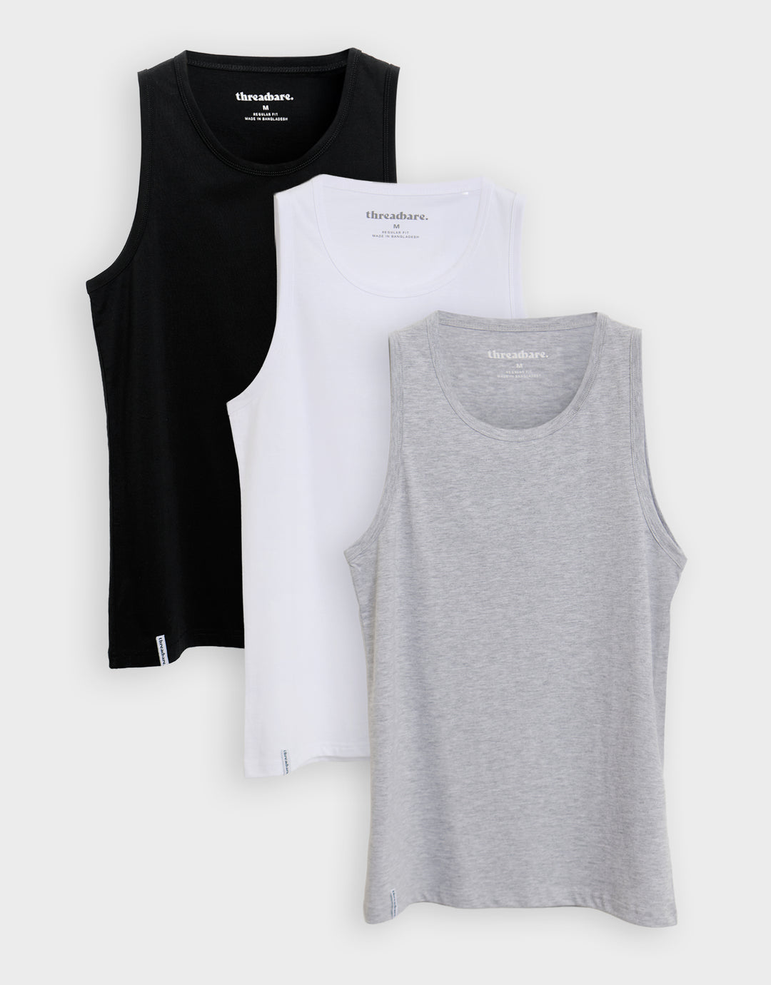Threadbare 3 Pack Cotton Crew Neck Vests in Black, White & Grey Marl - 2-pack flat lay
