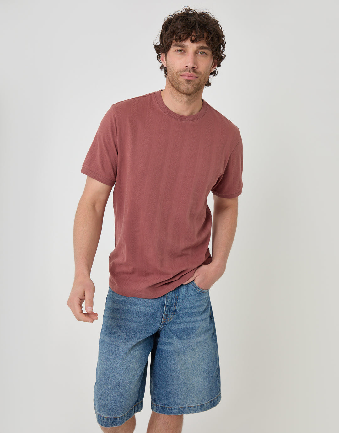 Threadbare Textured Cotton Crew Neck T-Shirt in Pink - front view