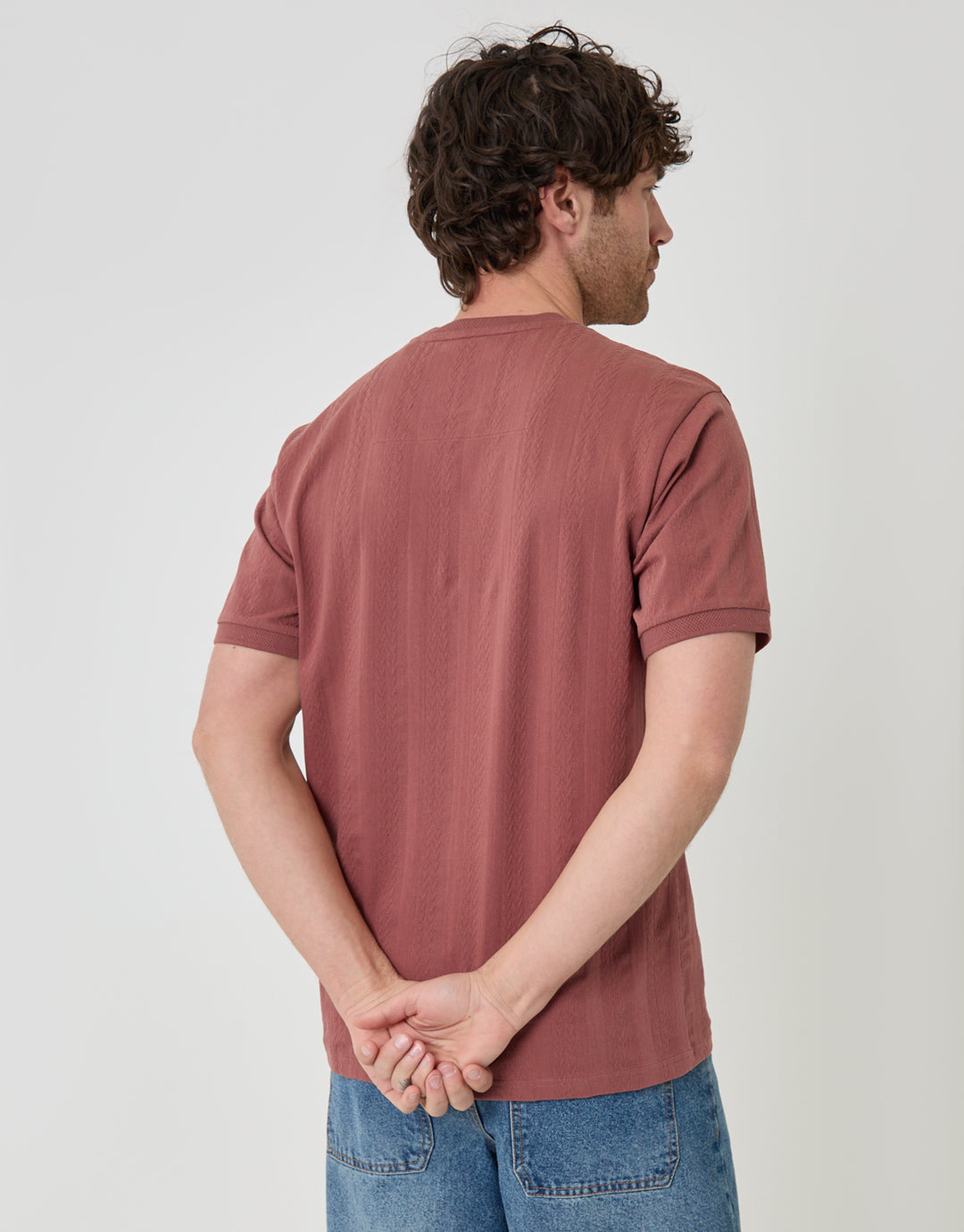 Threadbare Textured Cotton Crew Neck T-Shirt in Pink - back view