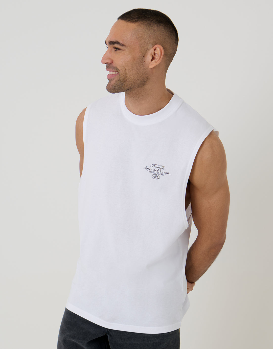 Threadbare Relaxed Fit Graphic Print Cotton Vest in White - front view