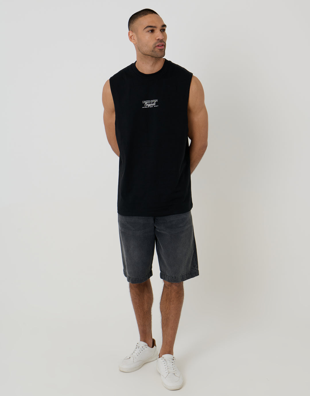Threadbare Relaxed Fit Graphic Print Cotton Vest in Black - full body