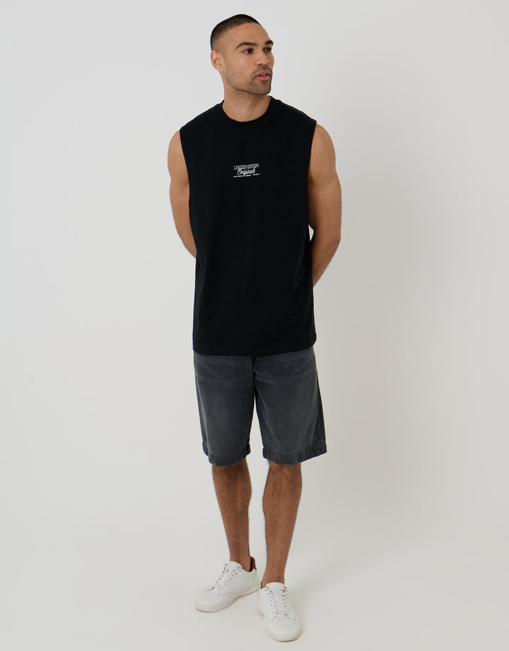 Threadbare Relaxed Fit Graphic Print Cotton Vest in Black - full body