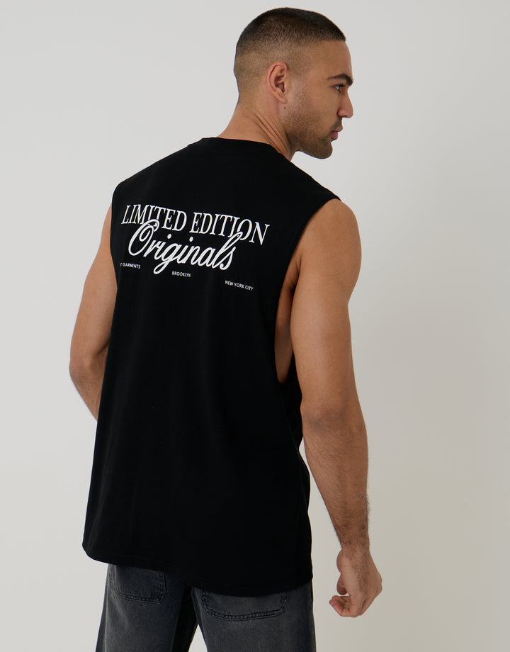 Threadbare Relaxed Fit Graphic Print Cotton Vest in Black - back view