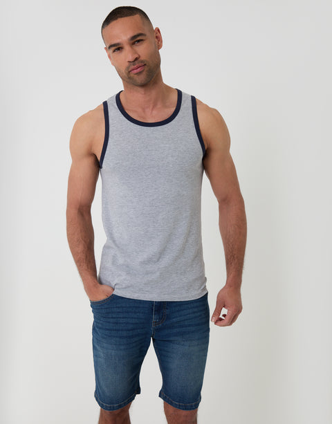 Threadbare Cotton Ringer Vest in Grey Marl - front view