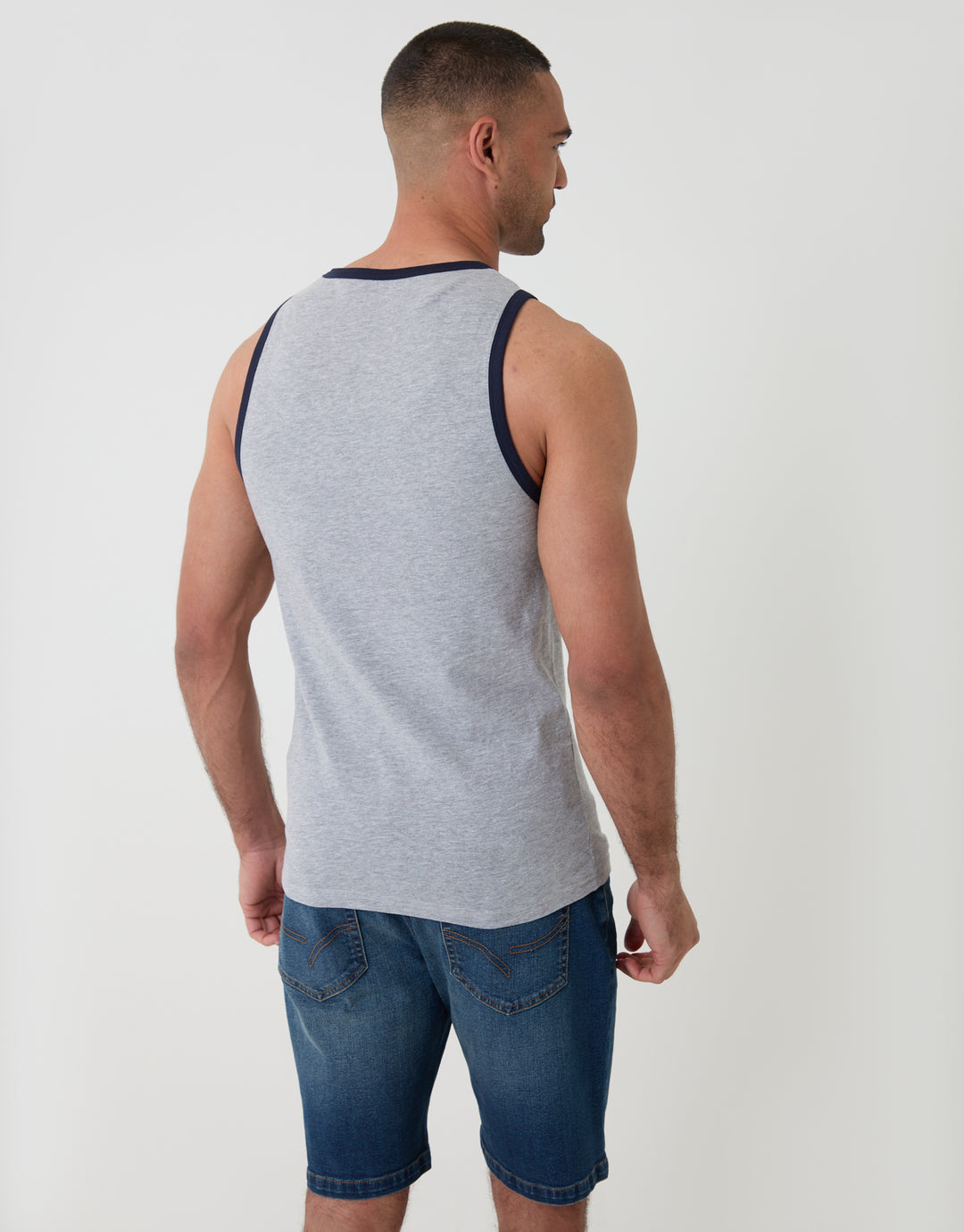 Threadbare Cotton Ringer Vest in Grey Marl - back view