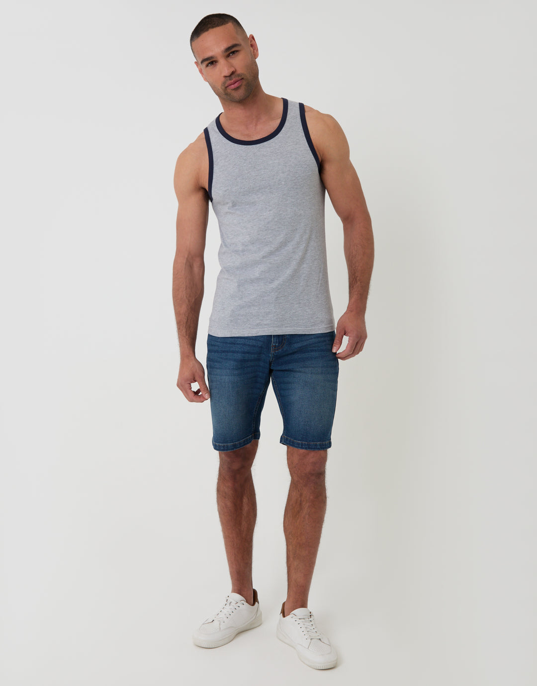 Threadbare Cotton Ringer Vest in Grey Marl - full body