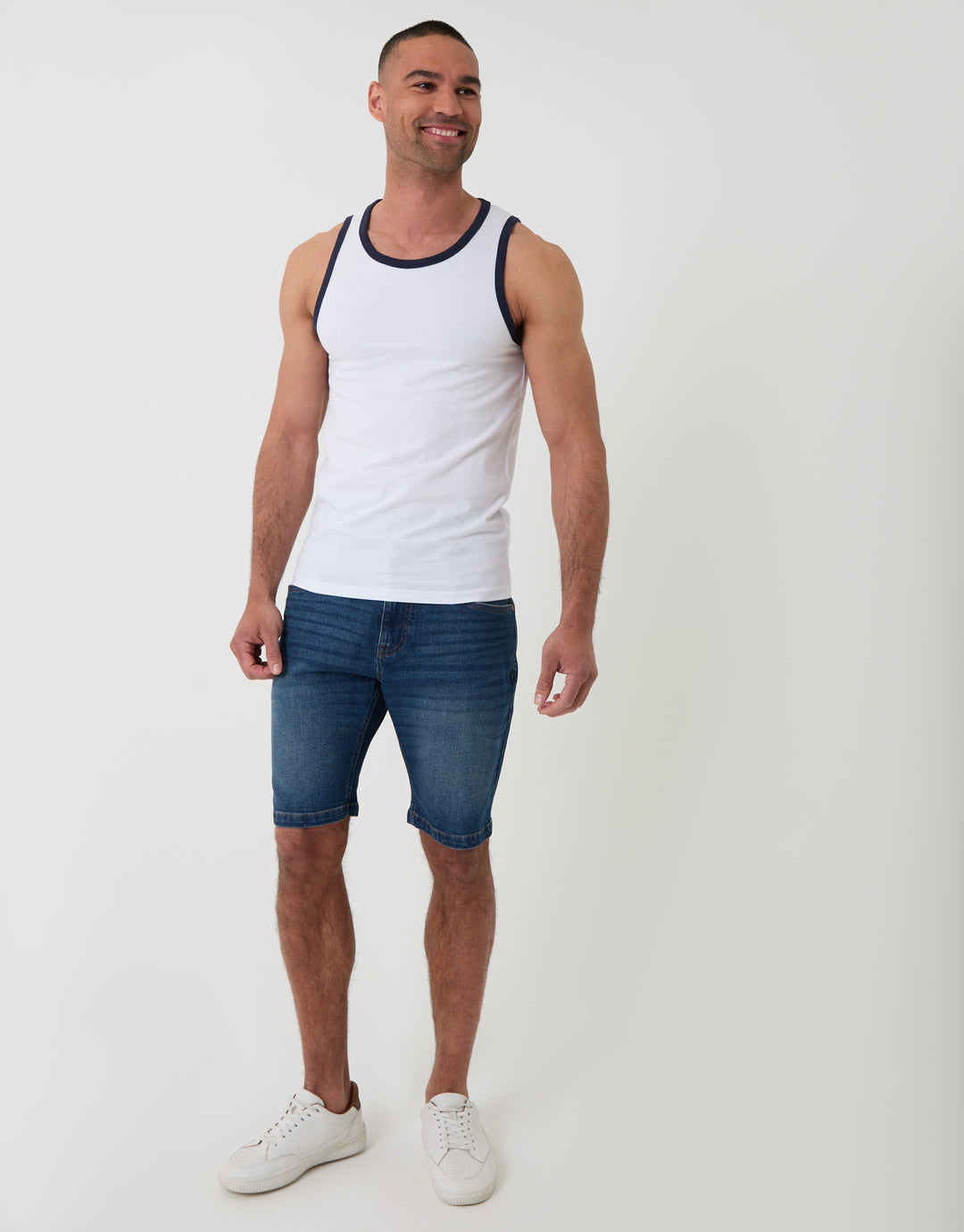 Threadbare Cotton Ringer Vest in White - full body