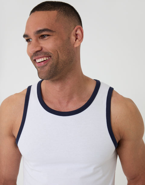 Threadbare Cotton Ringer Vest in White - close up