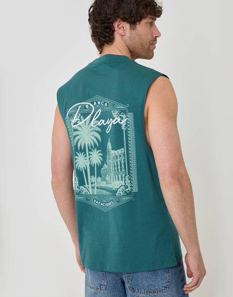 Threadbare Relaxed Fit Playa Cotton Vest in Teal Green - back view